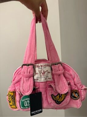 True Religion Pink Patchwork Mini Tote with Badge Patches